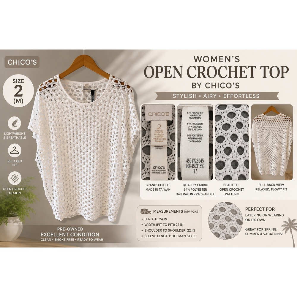 Chicos White Open Knit Crochet Poncho Top Size 2 Large Round Neck 008-15C11857